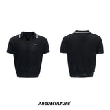 Color-Block-Textured-Polo-Shirt---Striped-Knit-Summer-Top-Black-T-shirt