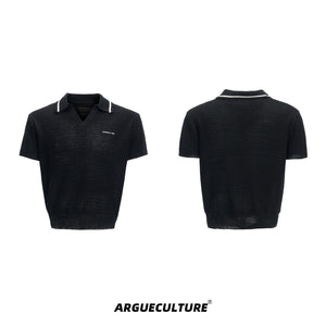 Color-Block-Textured-Polo-Shirt---Striped-Knit-Summer-Top-Black-T-shirt