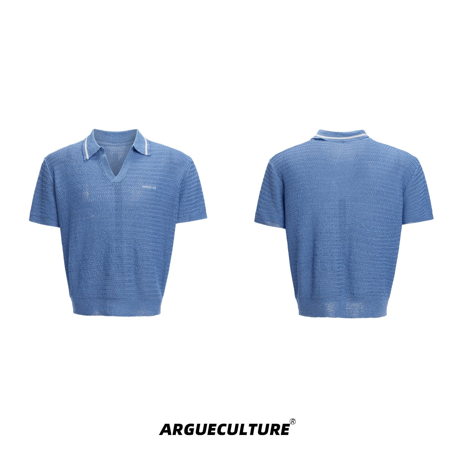 Color-Block-Textured-Polo-Shirt---Striped-Knit-Summer-Top-Blue-T-shirt