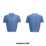 Color-Block-Textured-Polo-Shirt---Striped-Knit-Summer-Top-Blue-T-shirt