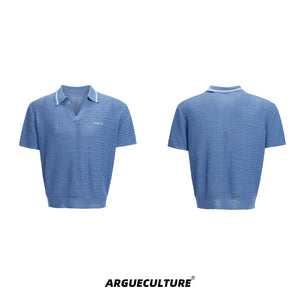 Color-Block-Textured-Polo-Shirt---Striped-Knit-Summer-Top-Blue-T-shirt