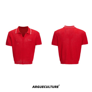 Color-Block-Textured-Polo-Shirt---Striped-Knit-Summer-Top-Red-T-shirt