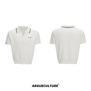 Color-Block-Textured-Polo-Shirt---Striped-Knit-Summer-Top-White-T-shirt