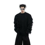Cropped-Ribbed-Knit-Sweater---Fringe-Detail--Metal-Buttons-Black