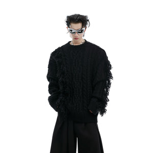 Cropped-Ribbed-Knit-Sweater---Fringe-Detail--Metal-Buttons-Black