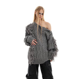 Cropped-Ribbed-Knit-Sweater---Fringe-Detail--Metal-Buttons-Gray