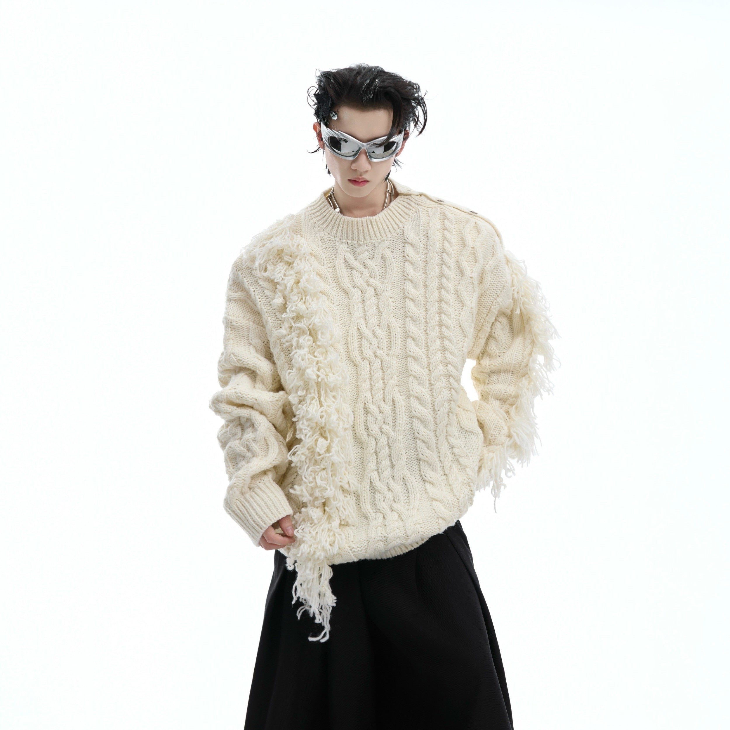 Cropped-Ribbed-Knit-Sweater---Fringe-Detail--Metal-Buttons-White