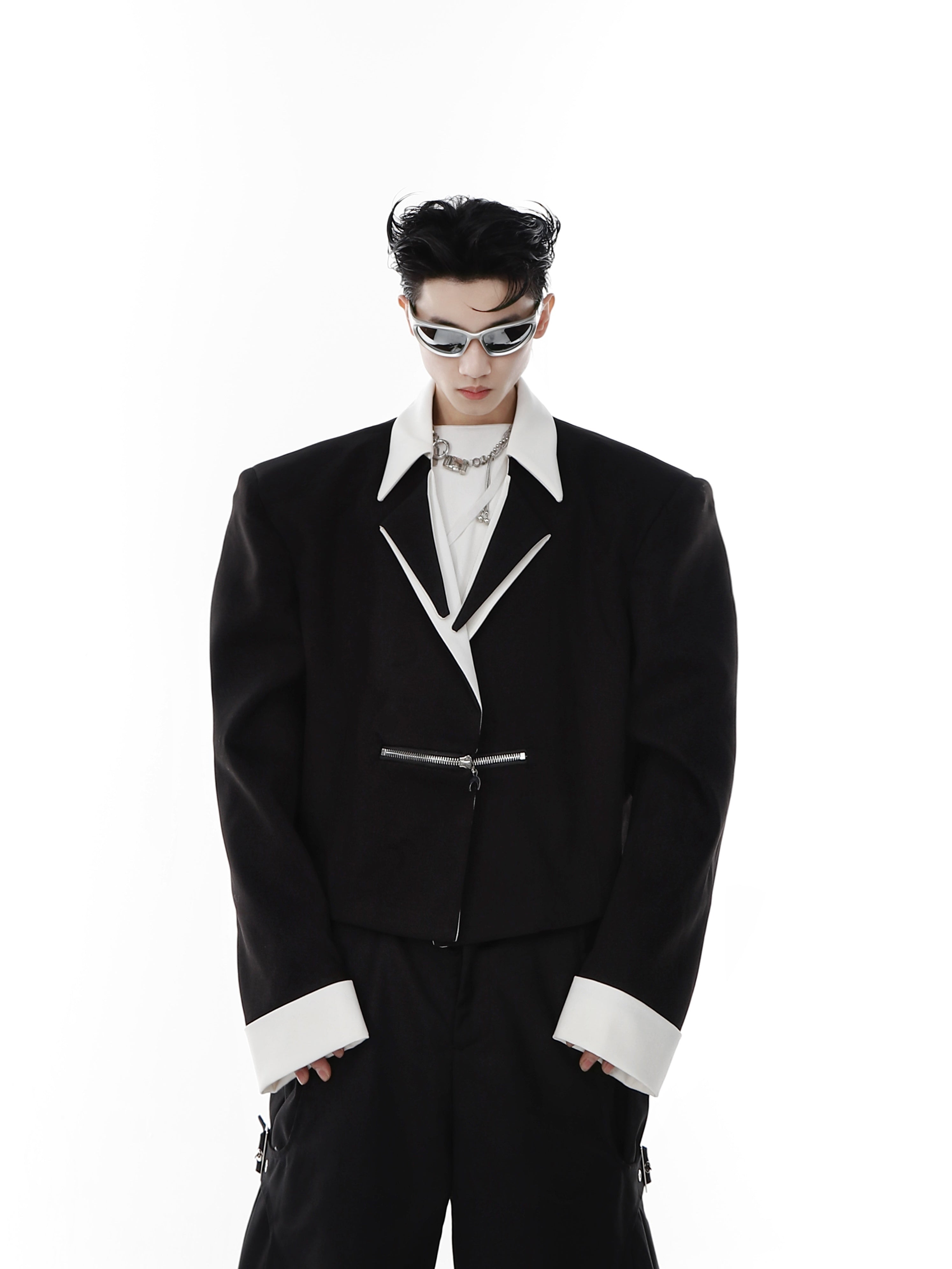 Deconstructed-Black-White-Cropped-Blazer---Metallic-Zipper-Jacket-Black