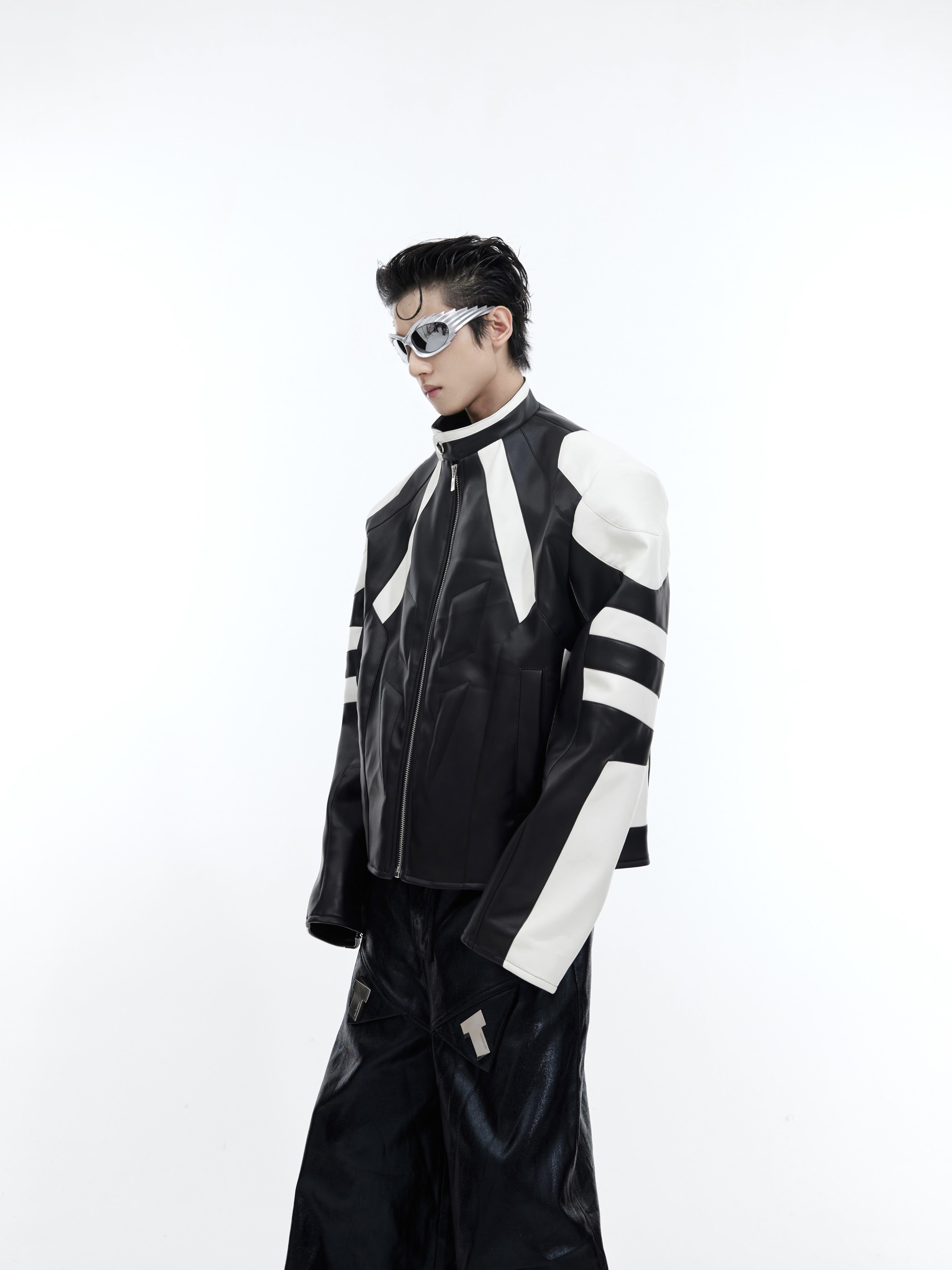 Deconstructed-Color-Block-Cropped-Leather-Jacket---Streetwear-Biker-Coat-Black