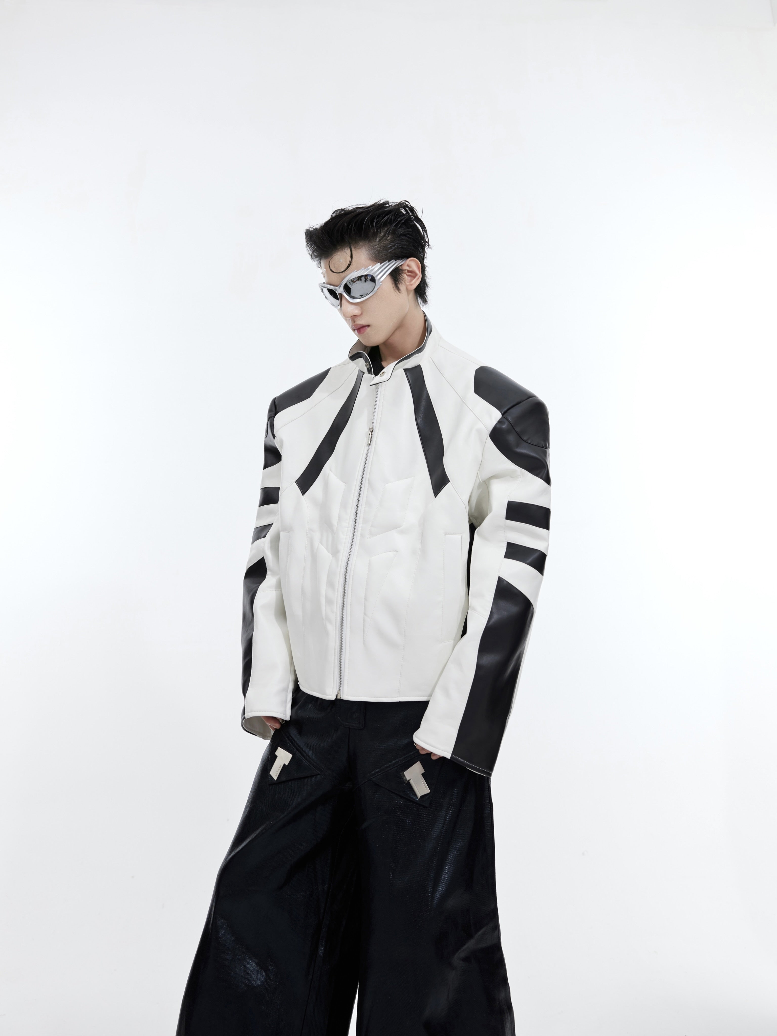 Deconstructed-Color-Block-Cropped-Leather-Jacket---Streetwear-Biker-Coat-White
