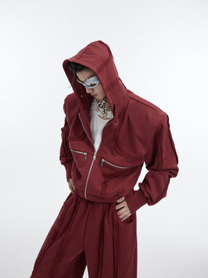 Deconstructed-Cropped-Hoodie---Distressed-Red-Streetwear-Set-Red-Top