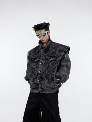 Deconstructed-Denim-Vest-Set---Detachable-Retro-Washed-Jacket-Black