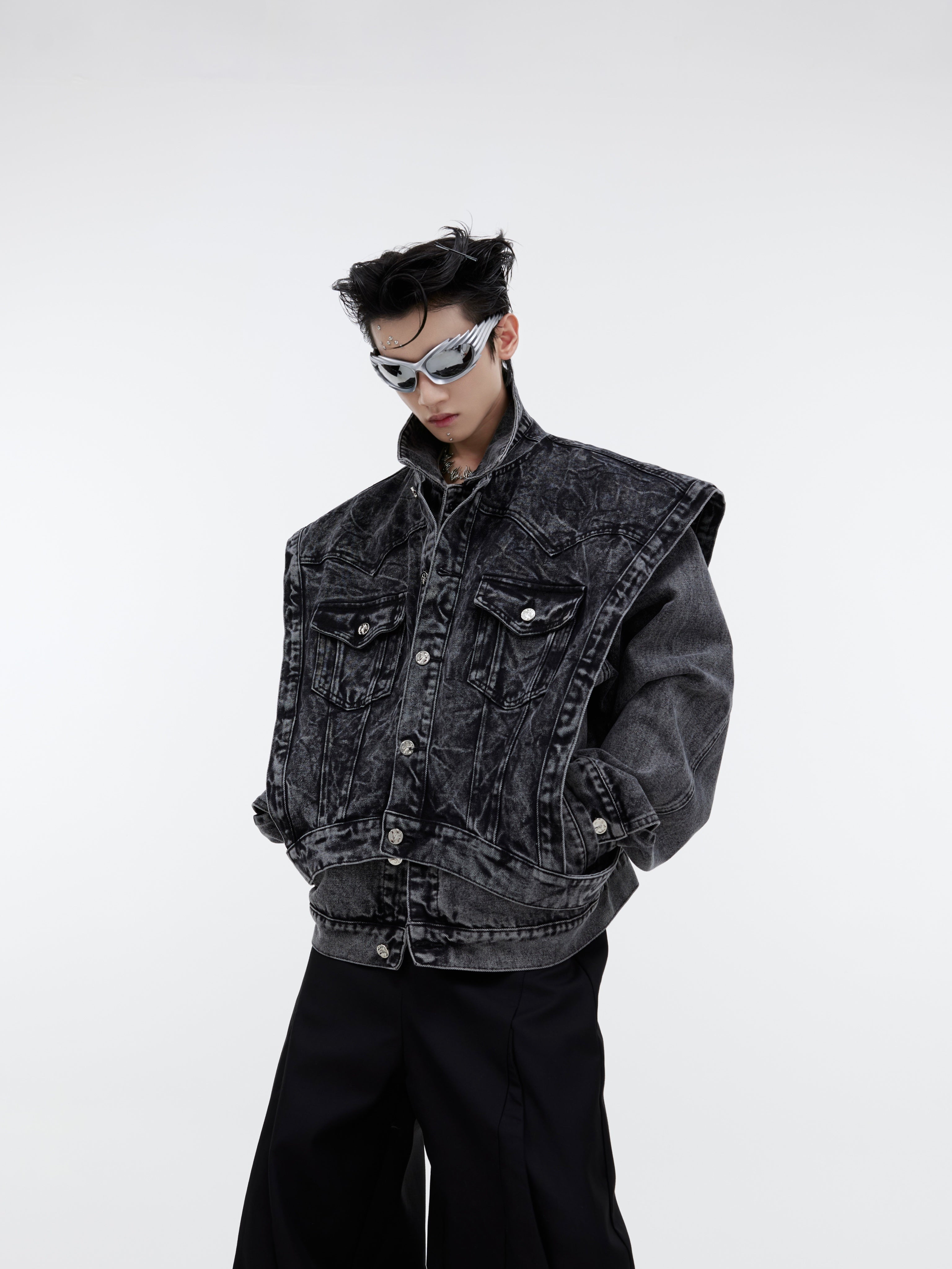 Deconstructed-Denim-Vest-Set---Detachable-Retro-Washed-Jacket-Black