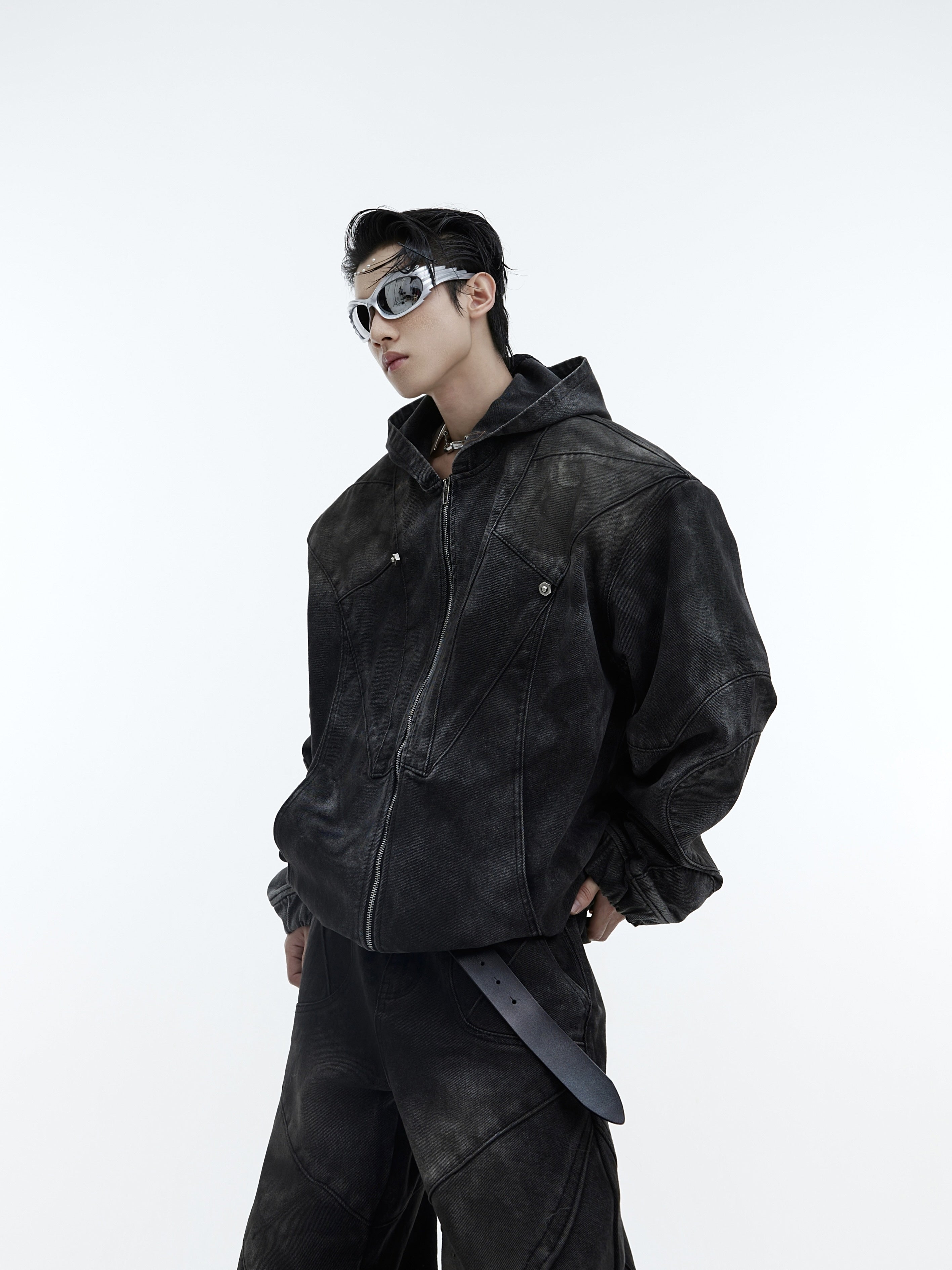 Deconstructed-Distressed-Hooded-Denim-Set---Metal-Accents-Black-Top