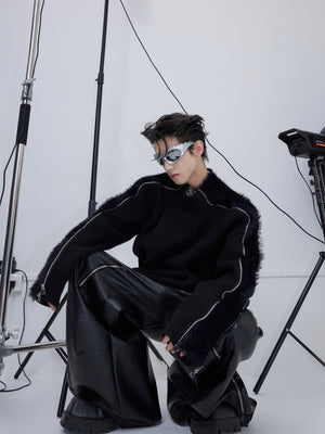 Deconstructed-Dual-Zip-Oversized-Knit-Sweater---Fleece-Textured-Black
