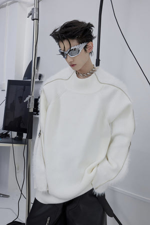 Deconstructed-Dual-Zip-Oversized-Knit-Sweater---Fleece-Textured-White