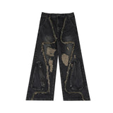 Deconstructed-Frayed-Ripped-Jeans---Vintage-Cargo-Pants-with-Pockets-Black