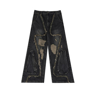 Deconstructed-Frayed-Ripped-Jeans---Vintage-Cargo-Pants-with-Pockets-Black