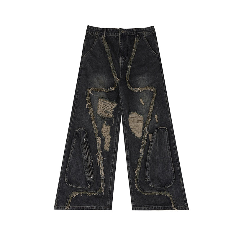 Deconstructed-Frayed-Ripped-Jeans---Vintage-Cargo-Pants-with-Pockets-Black