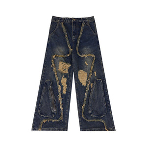 Deconstructed-Frayed-Ripped-Jeans---Vintage-Cargo-Pants-with-Pockets-Blue-