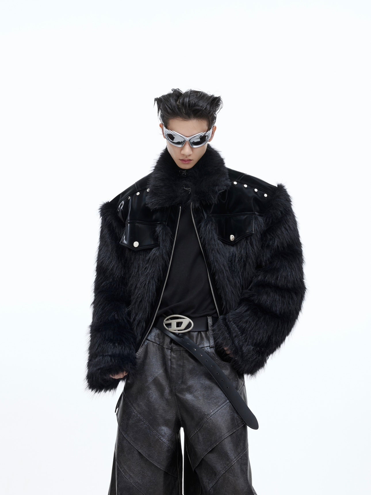 Deconstructed-Fur-Trim-Leather-Jacket---Streetwear-Short-Coat-Black