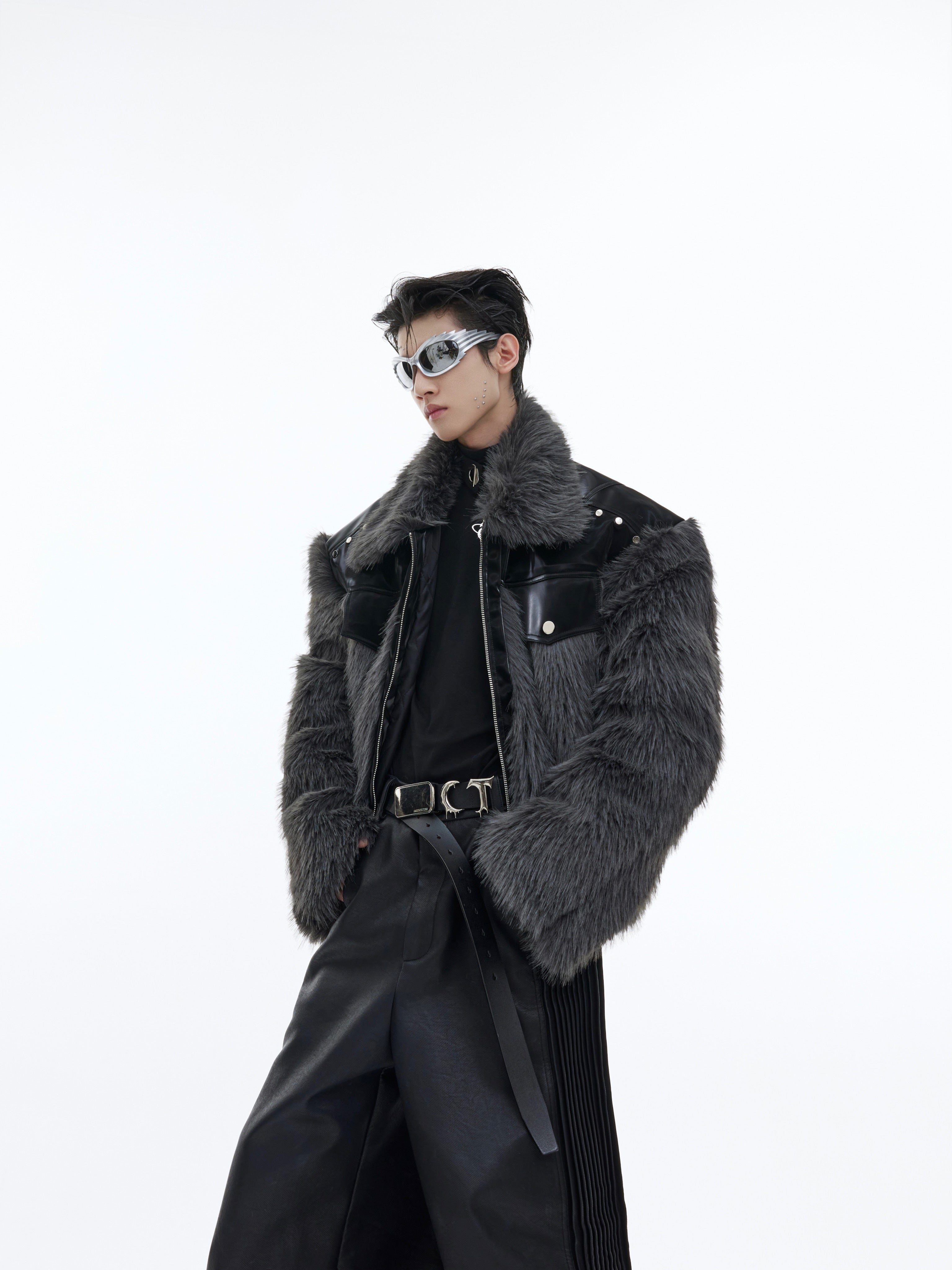Deconstructed-Fur-Trim-Leather-Jacket---Streetwear-Short-Coat-Gray