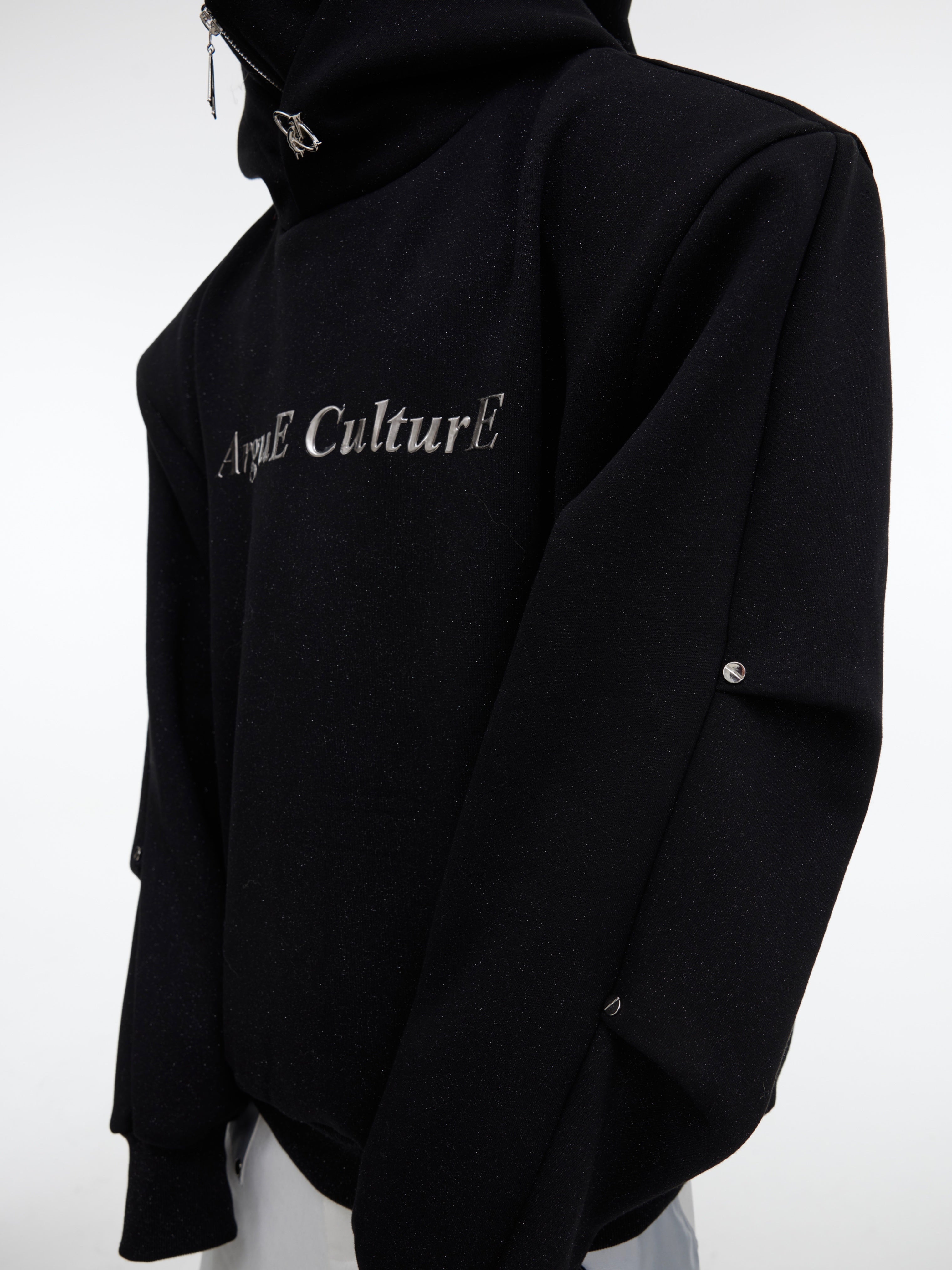 Deconstructed-Glitter-Hoodie---Double-Layer-High-Neck-with-Metal-Buttons-Black