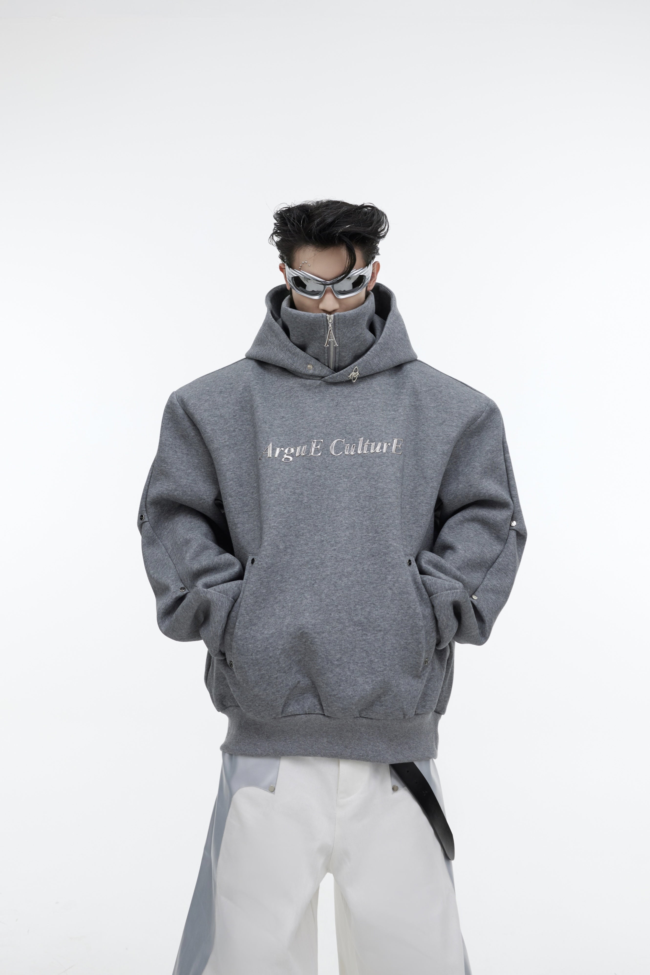 Deconstructed-Glitter-Hoodie---Double-Layer-High-Neck-with-Metal-Buttons-Gray