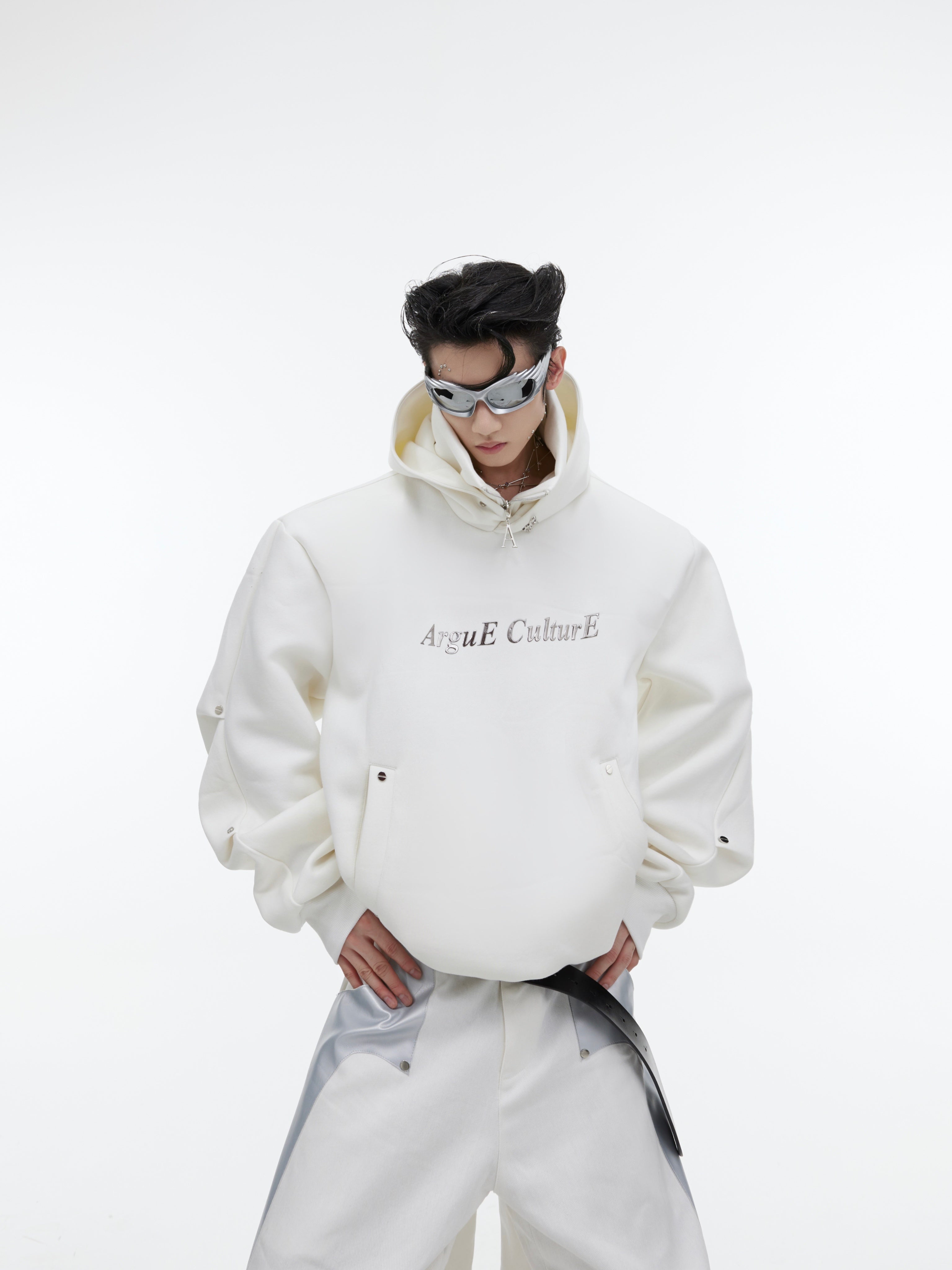 Deconstructed-Glitter-Hoodie---Double-Layer-High-Neck-with-Metal-Buttons-White