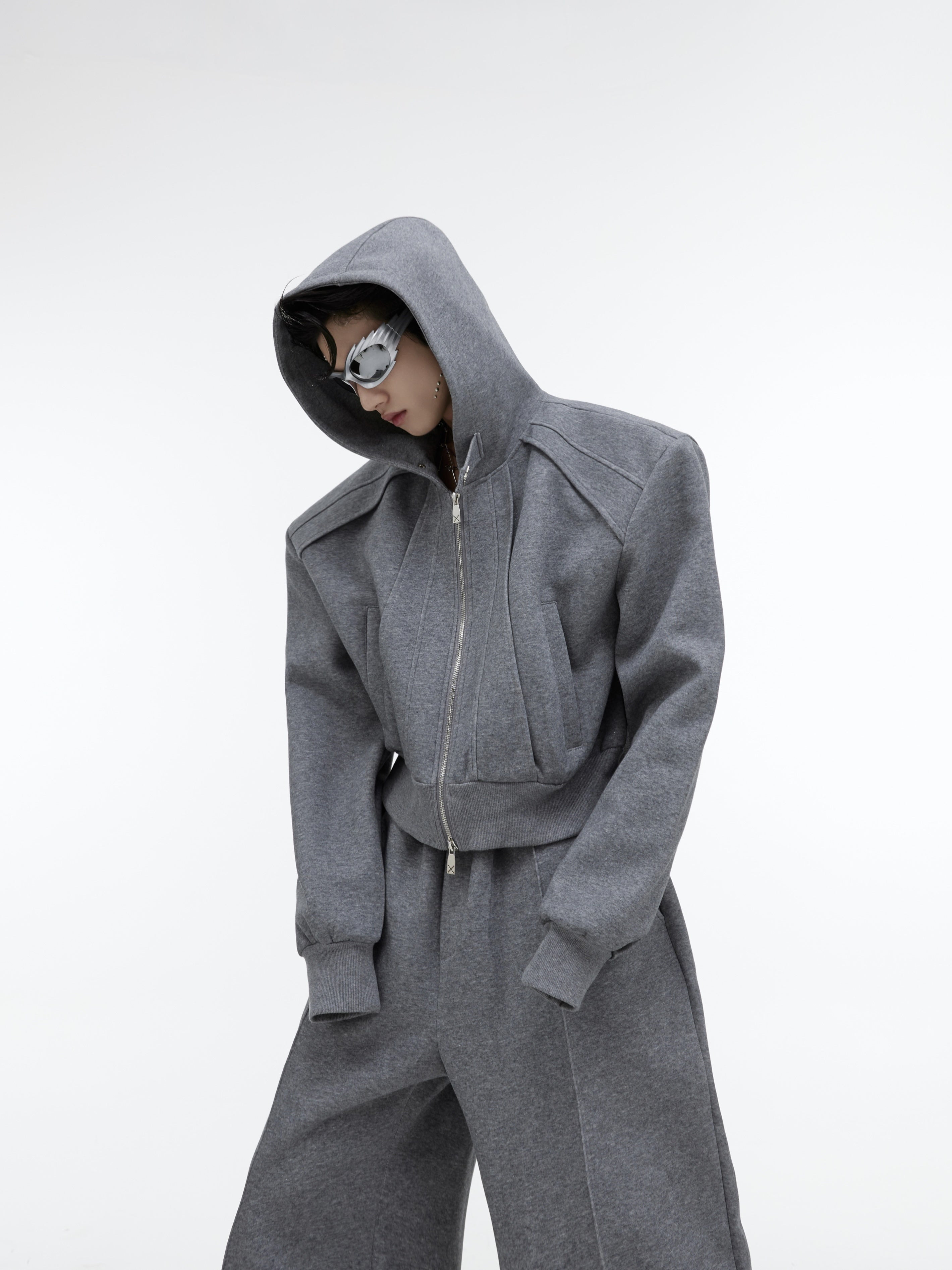 Deconstructed-Hoodie-Set---Metallic-Zip-Up--Glitter-Streetwear-Gray-Top