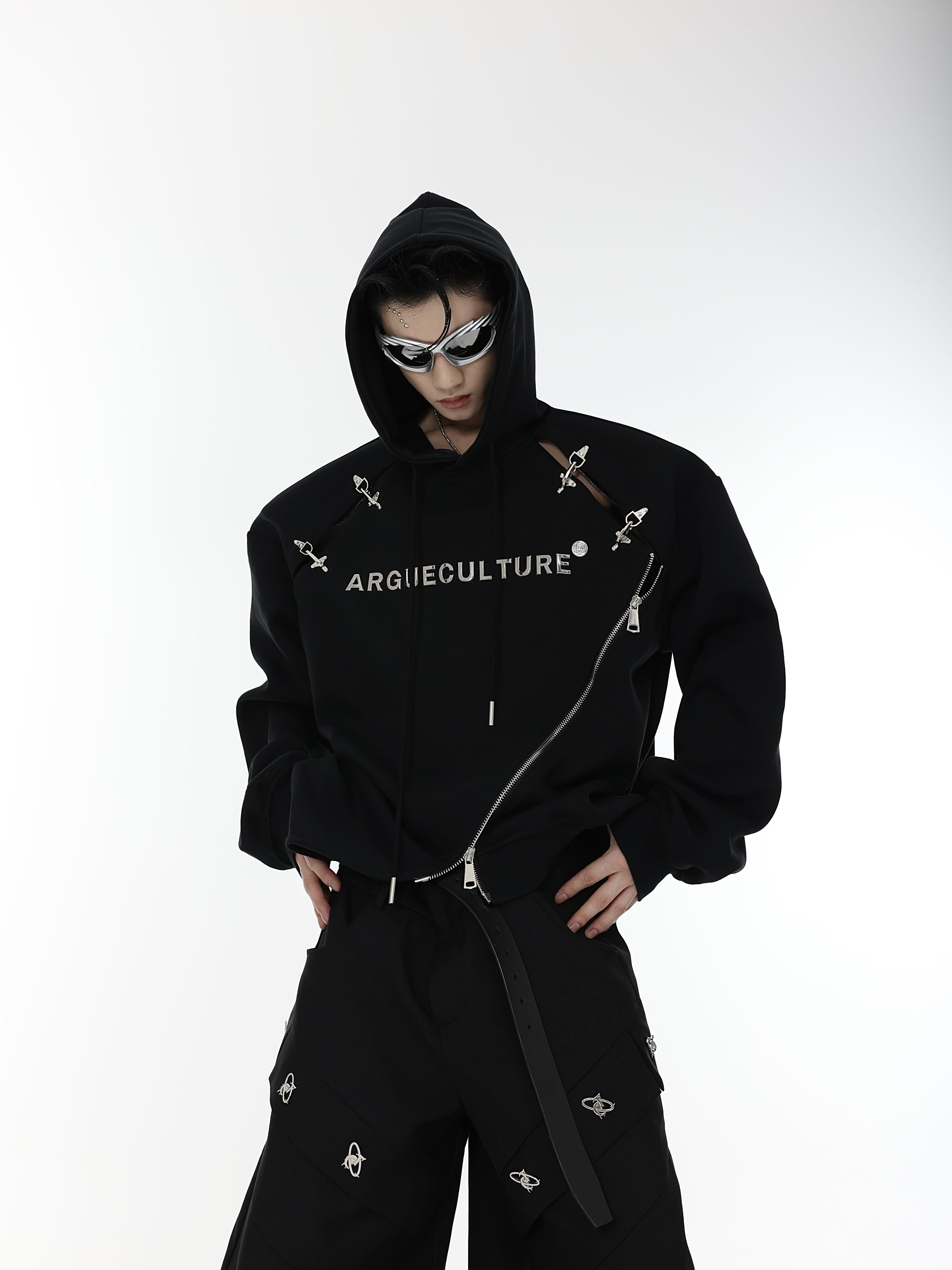 Deconstructed-Hoodie-with-Metal-Grommets-Zip-Up-Long-Sleeve-Top-Black