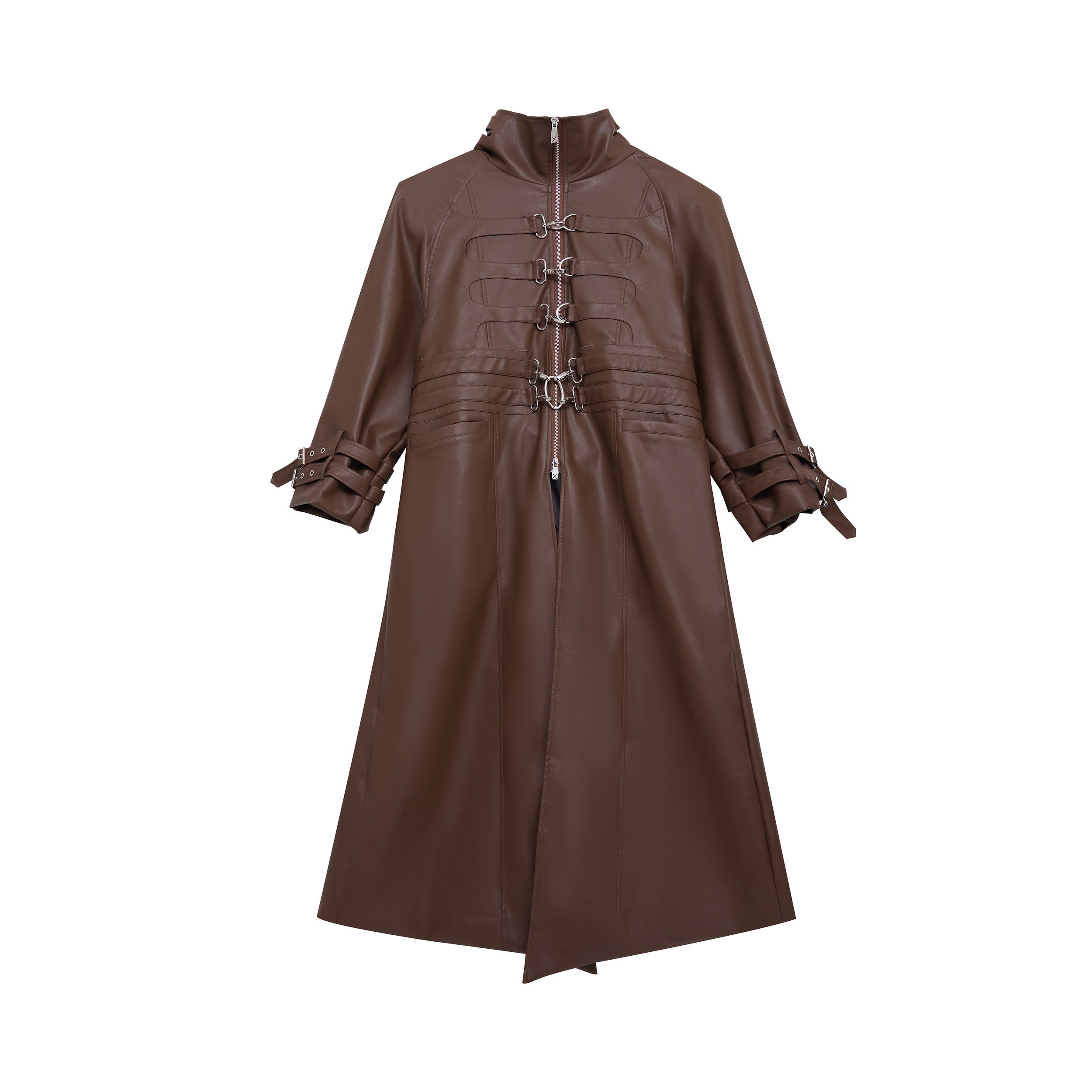 Deconstructed-Leather-Trench-Coat-with-Metal-Buckles-Over-Knee-Long-Brown