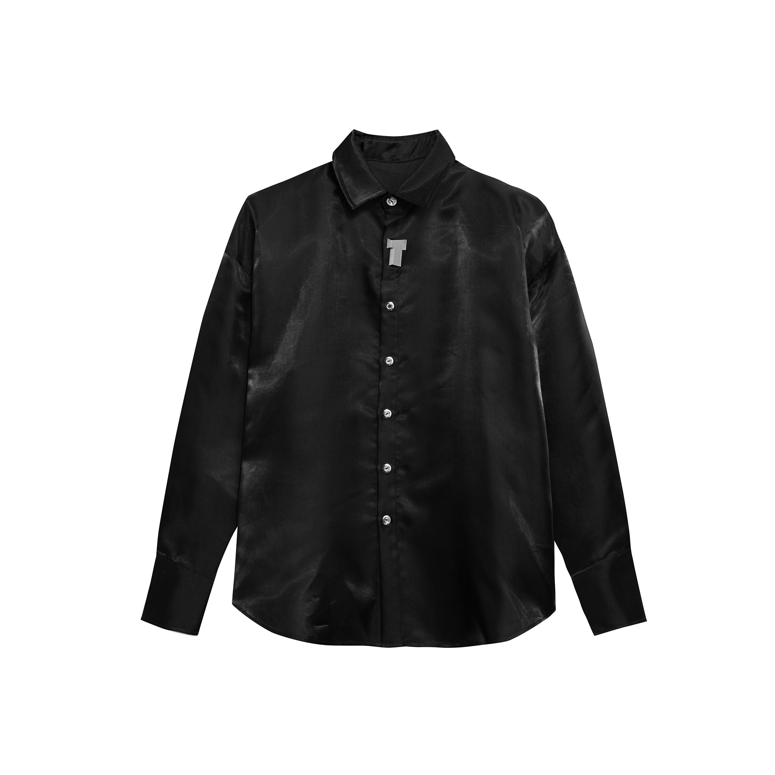 Deconstructed-Liquid-Shine-Oversized-Shirt---Metallic-Trim-Streetwear-Black