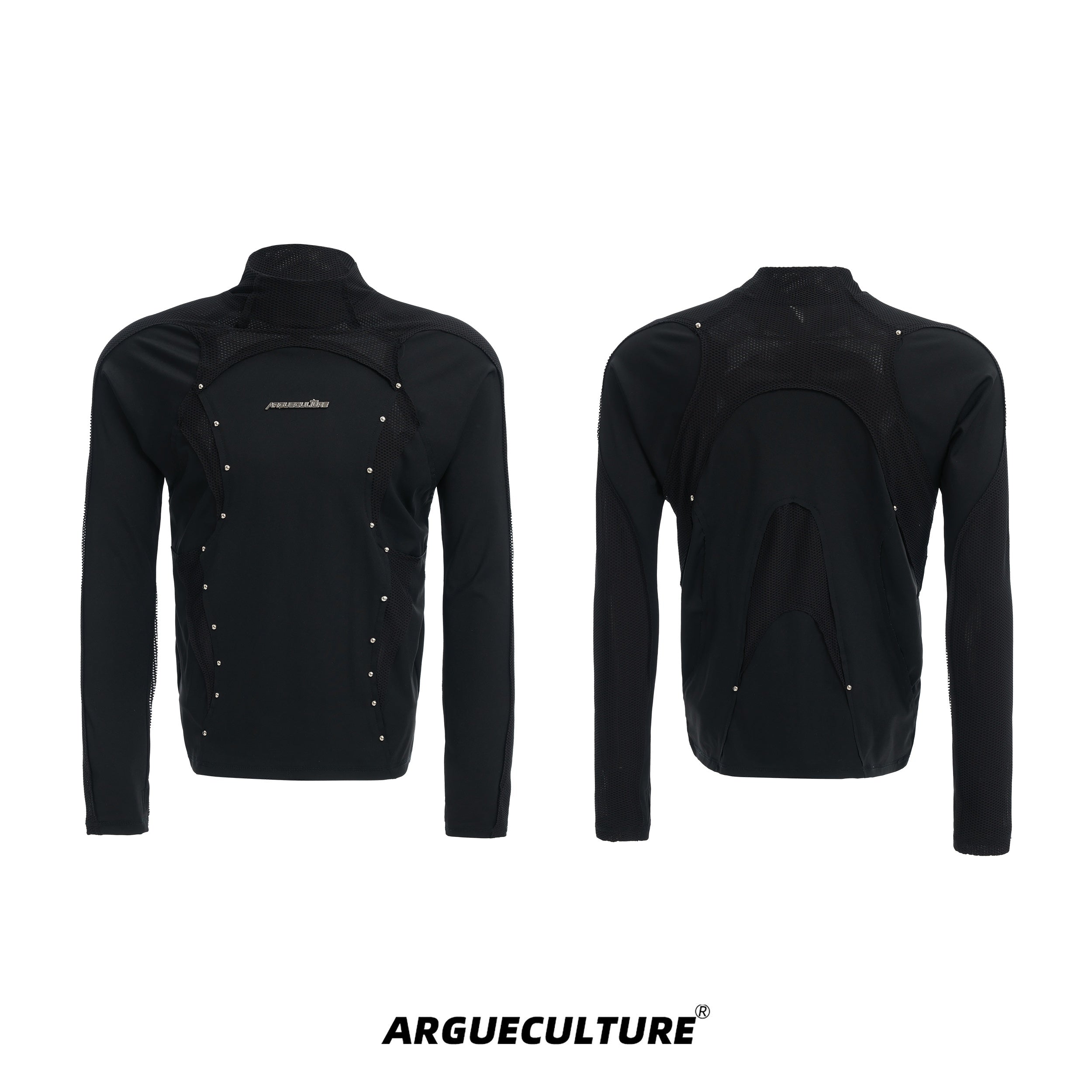 Deconstructed-Mesh-Panel-Slim-Fit-High-Neck-Tee-with-Studs-Black-T-shirt
