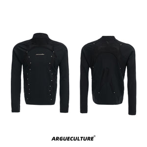 Deconstructed-Mesh-Panel-Slim-Fit-High-Neck-Tee-with-Studs-Black-T-shirt