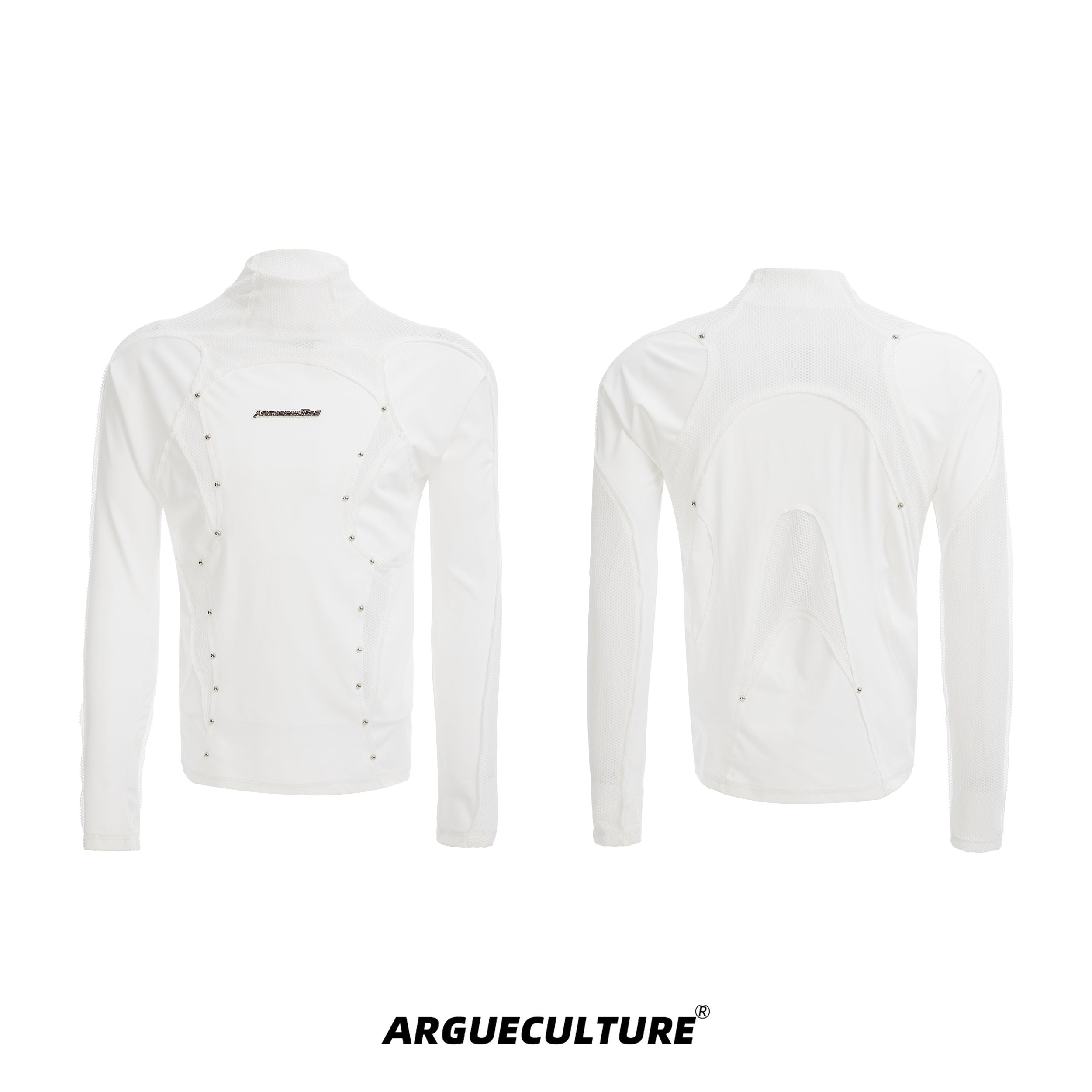 Deconstructed-Mesh-Panel-Slim-Fit-High-Neck-Tee-with-Studs-White-T-shirt