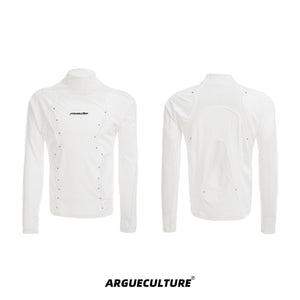 Deconstructed-Mesh-Panel-Slim-Fit-High-Neck-Tee-with-Studs-White-T-shirt