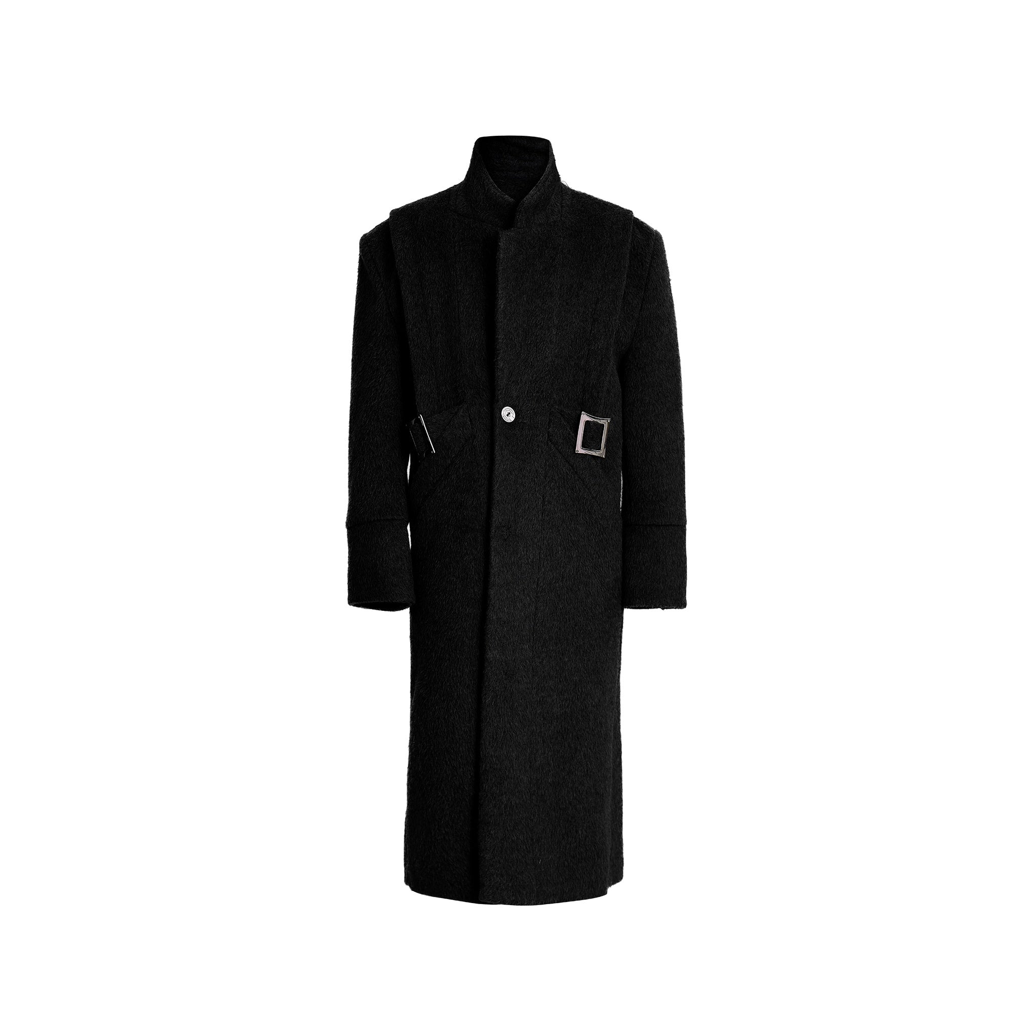 Deconstructed-Metal-Button-Oversized-Wool-Coat---Loose-Belted-Trench-Black-Shirt
