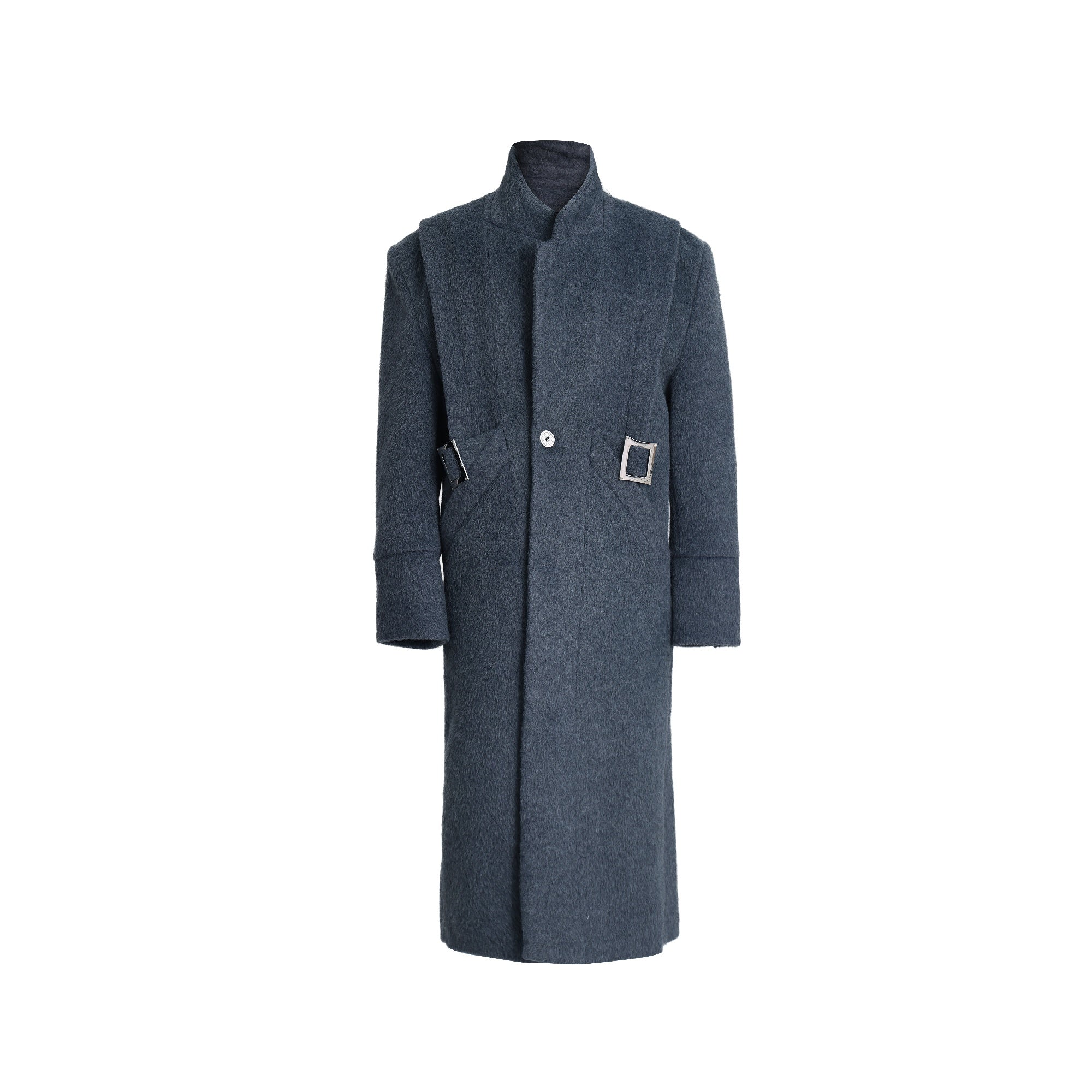 Deconstructed-Metal-Button-Oversized-Wool-Coat---Loose-Belted-Trench-Blue-Shirt