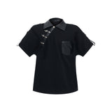 Deconstructed-Metal-Grommet-Split-Shoulder-Polo---PU-Leather-Trim-Loose-Tee-Black