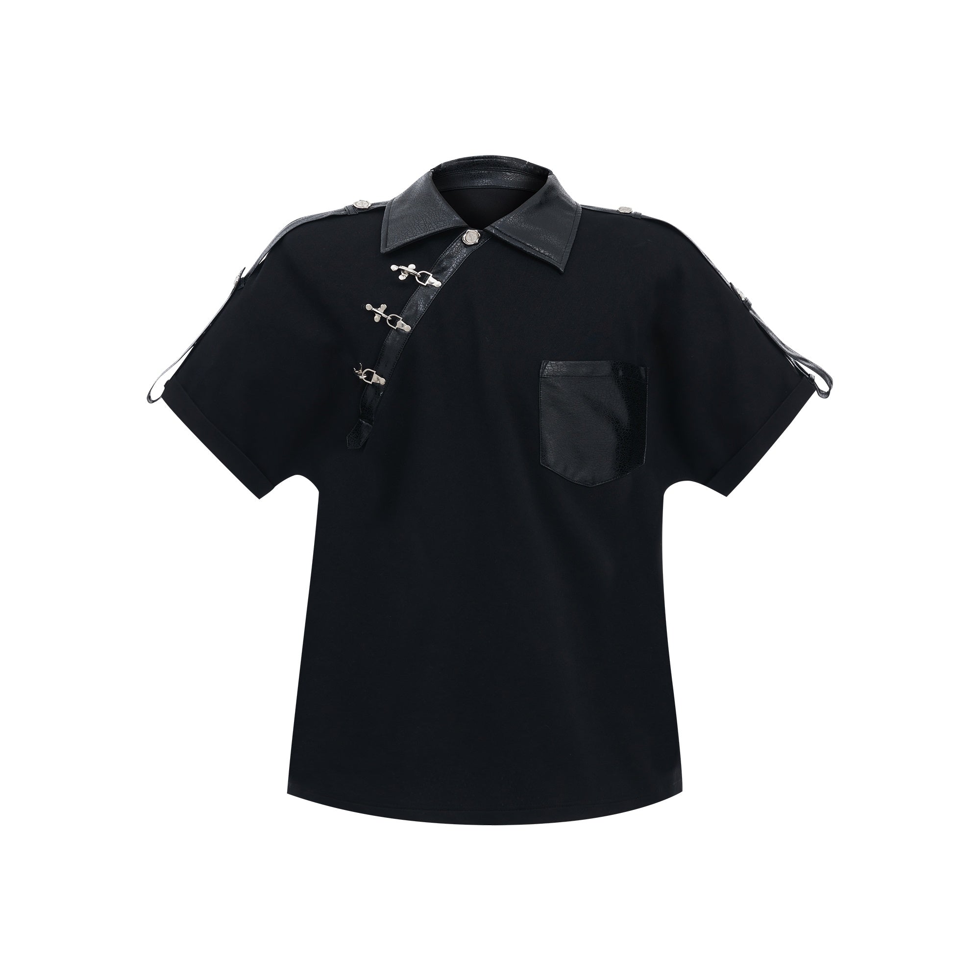 Deconstructed-Metal-Grommet-Split-Shoulder-Polo---PU-Leather-Trim-Loose-Tee-Black