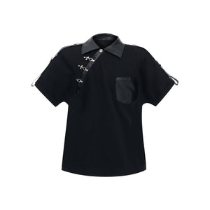 Deconstructed-Metal-Grommet-Split-Shoulder-Polo---PU-Leather-Trim-Loose-Tee-Black