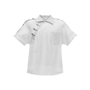 Deconstructed-Metal-Grommet-Split-Shoulder-Polo---PU-Leather-Trim-Loose-Tee-White