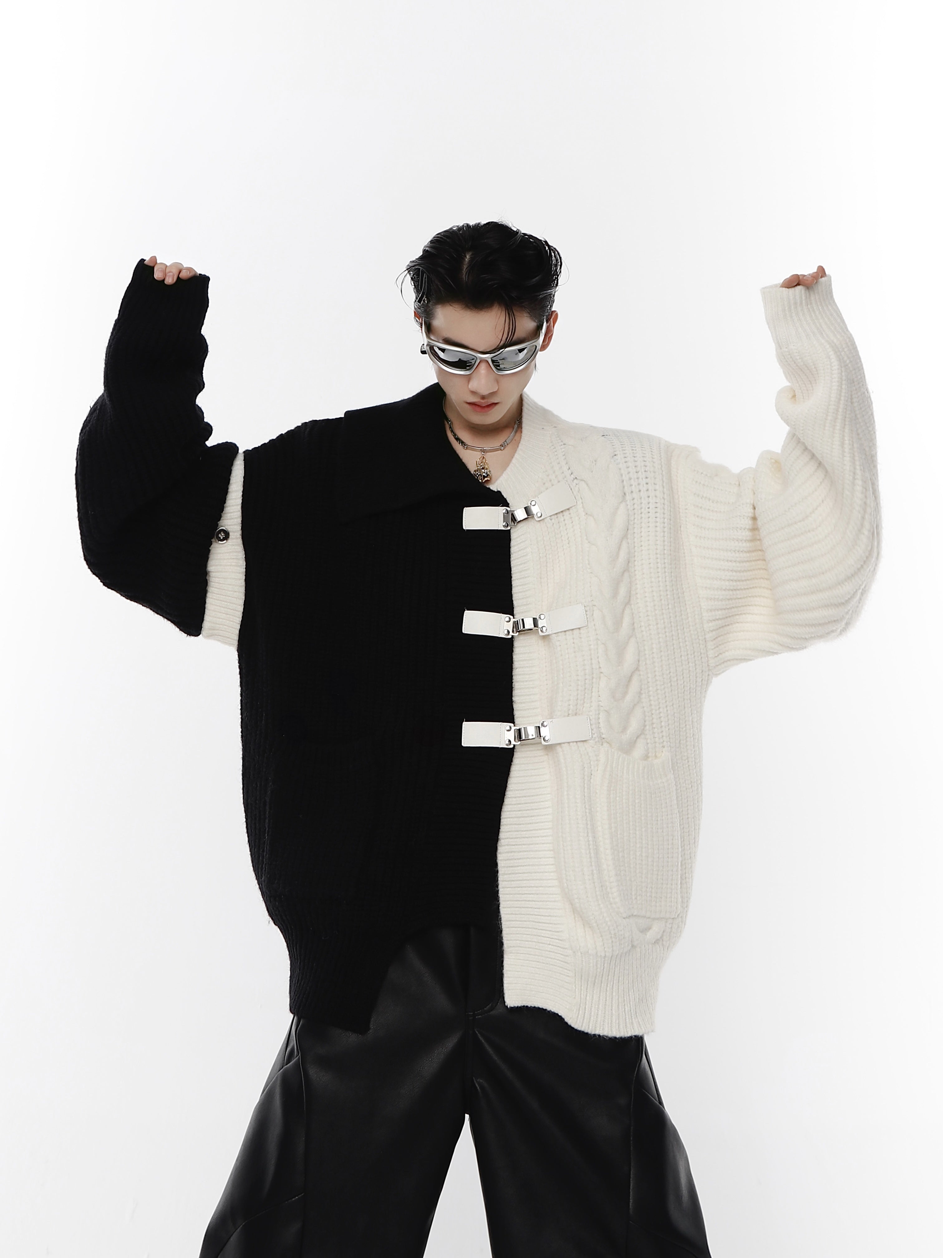 Deconstructed-Oversized-Knit-Cardigan---Black-White-Split---Metal-Buttons-Black