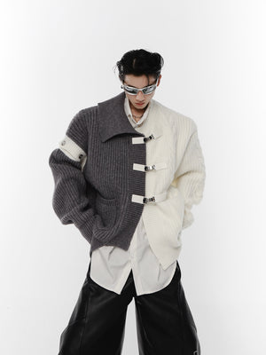 Deconstructed-Oversized-Knit-Cardigan---Black-White-Split---Metal-Buttons-Gray