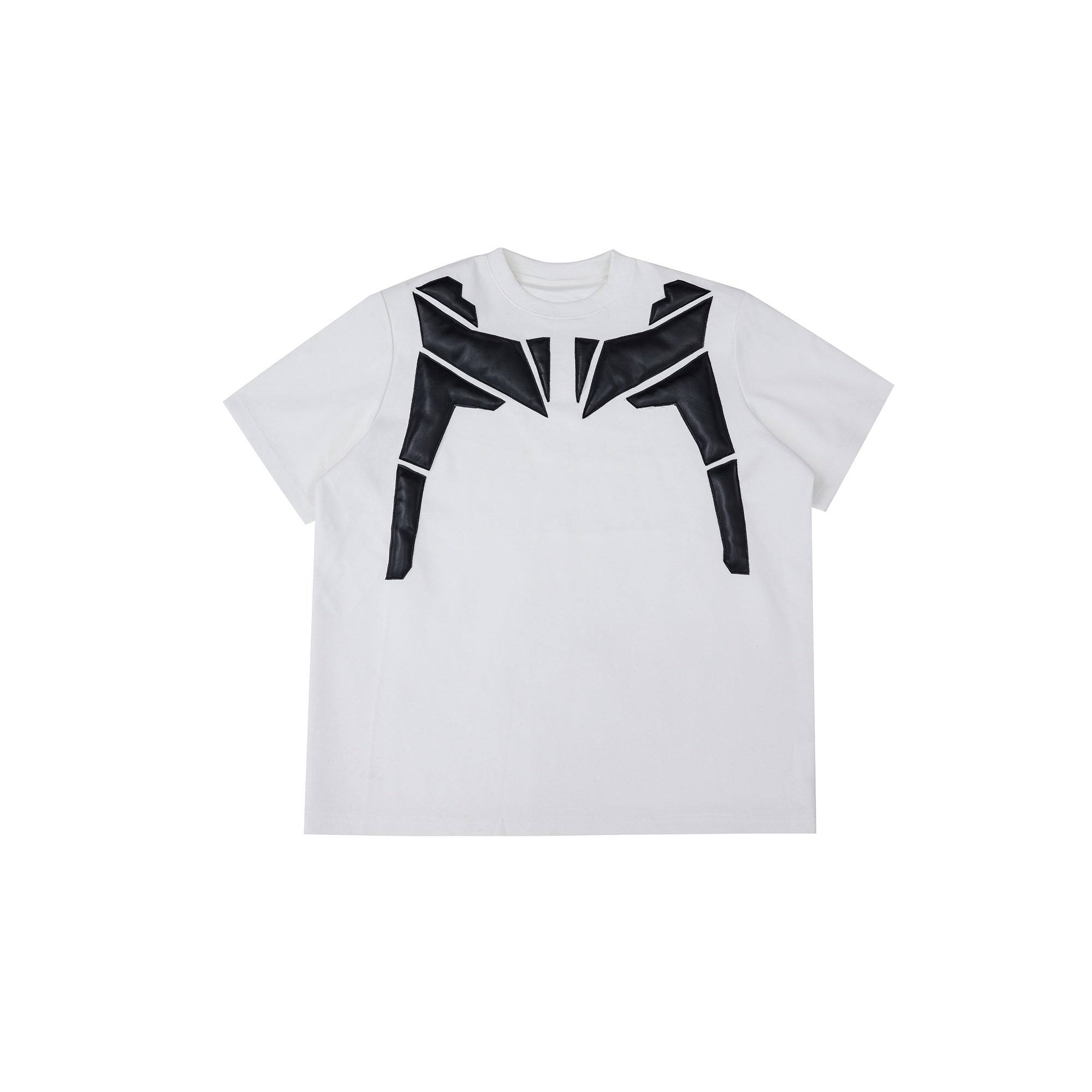 Deconstructed-PU-Leather-Sleeve-Oversized-Tee---Padded-Shoulder-Streetwear-White