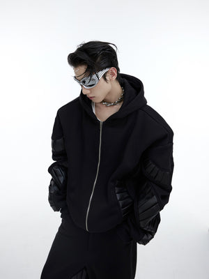 Deconstructed-PU-Patch-Hoodie---Fleece-Lined-Streetwear-Set-Black-Top