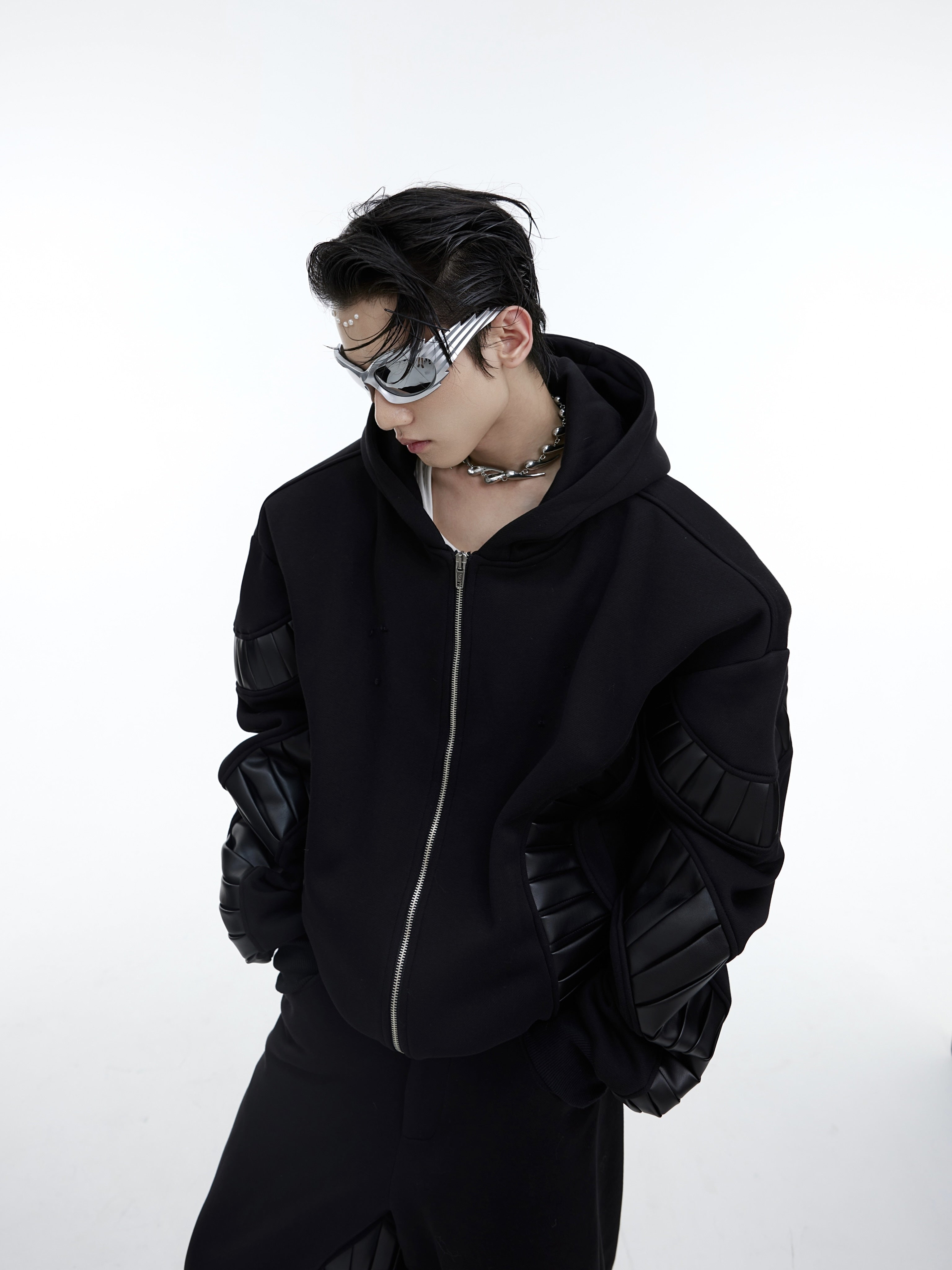Deconstructed-PU-Patch-Hoodie---Fleece-Lined-Streetwear-Set-Black-Top
