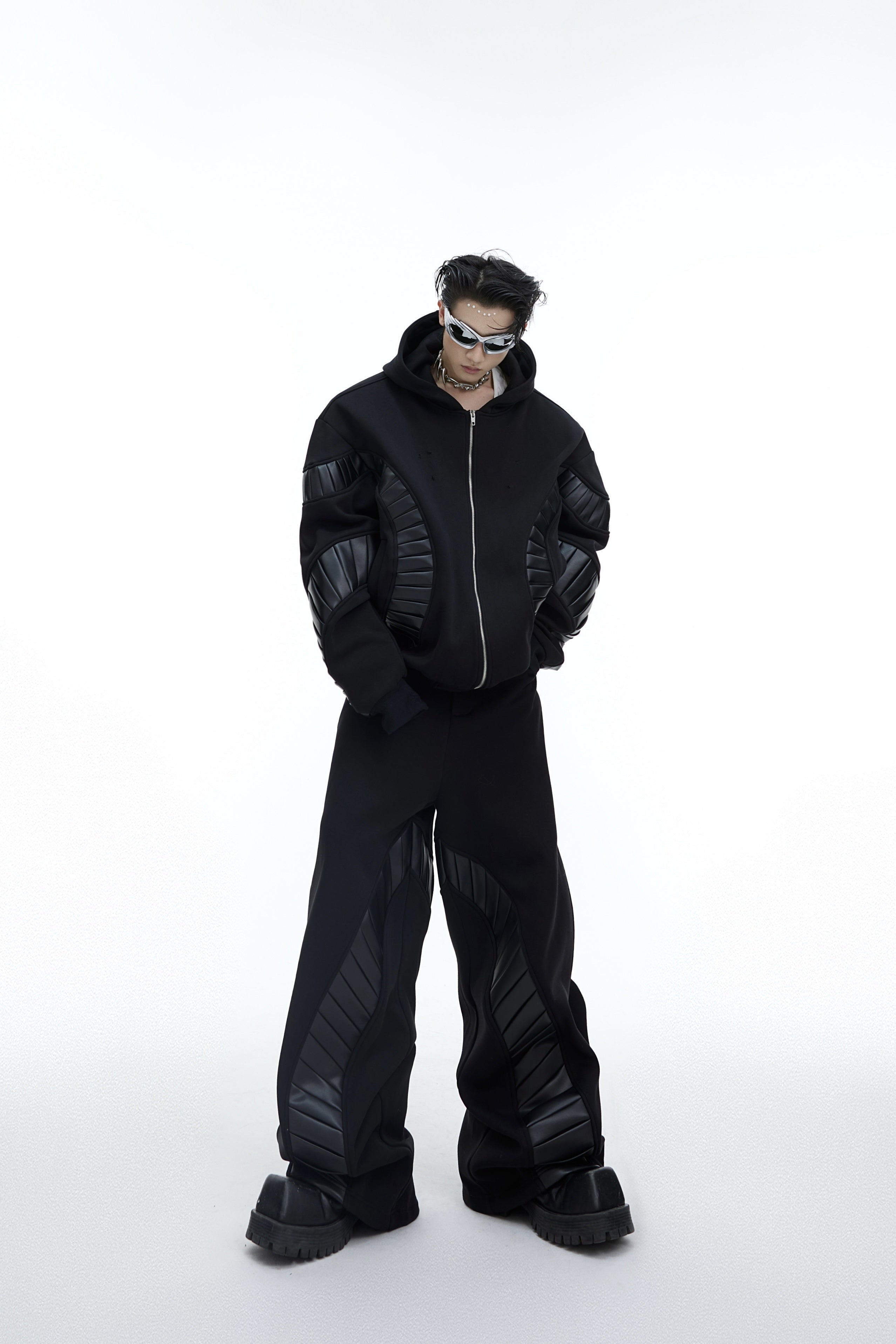 Deconstructed-PU-Patch-Hoodie---Fleece-Lined-Streetwear-Set-Black