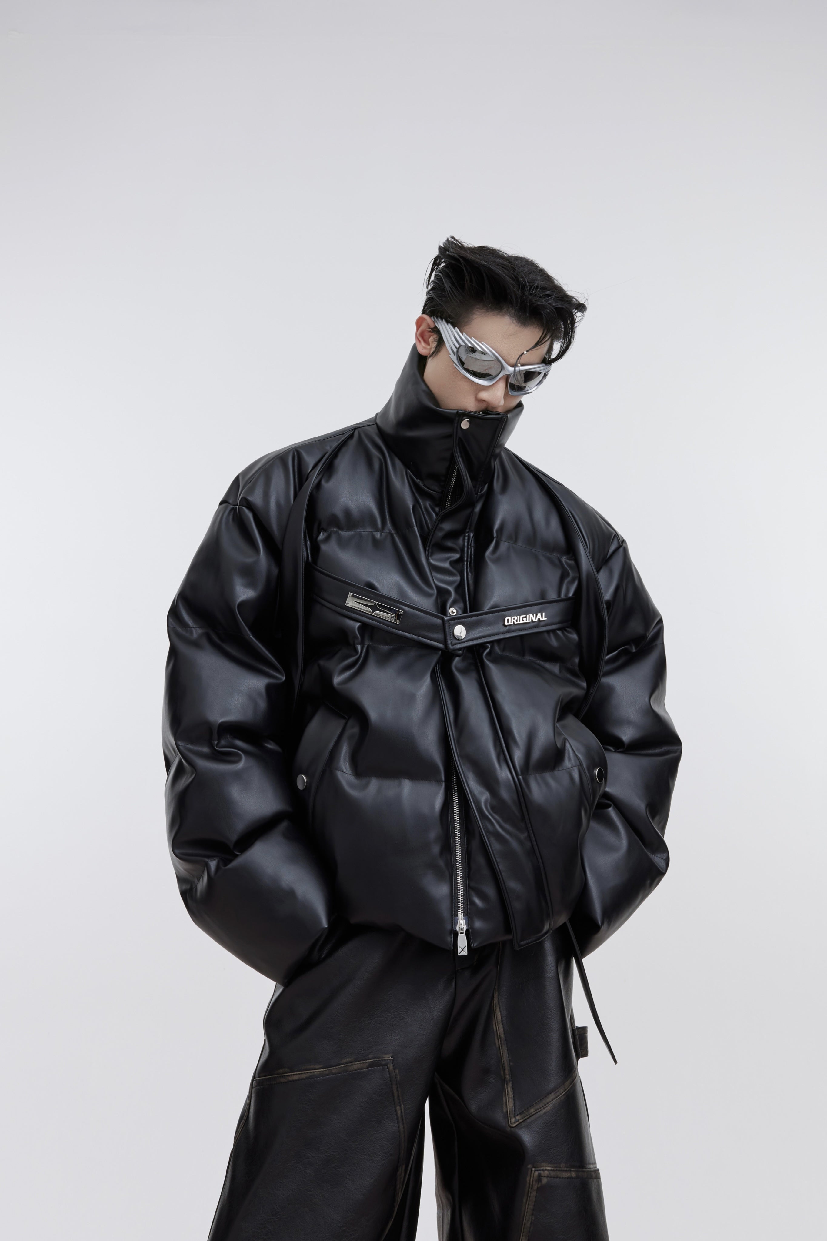 Deconstructed-PU-Puffer-Jacket---Winter-Streetwear-with-Metal-Straps-Black